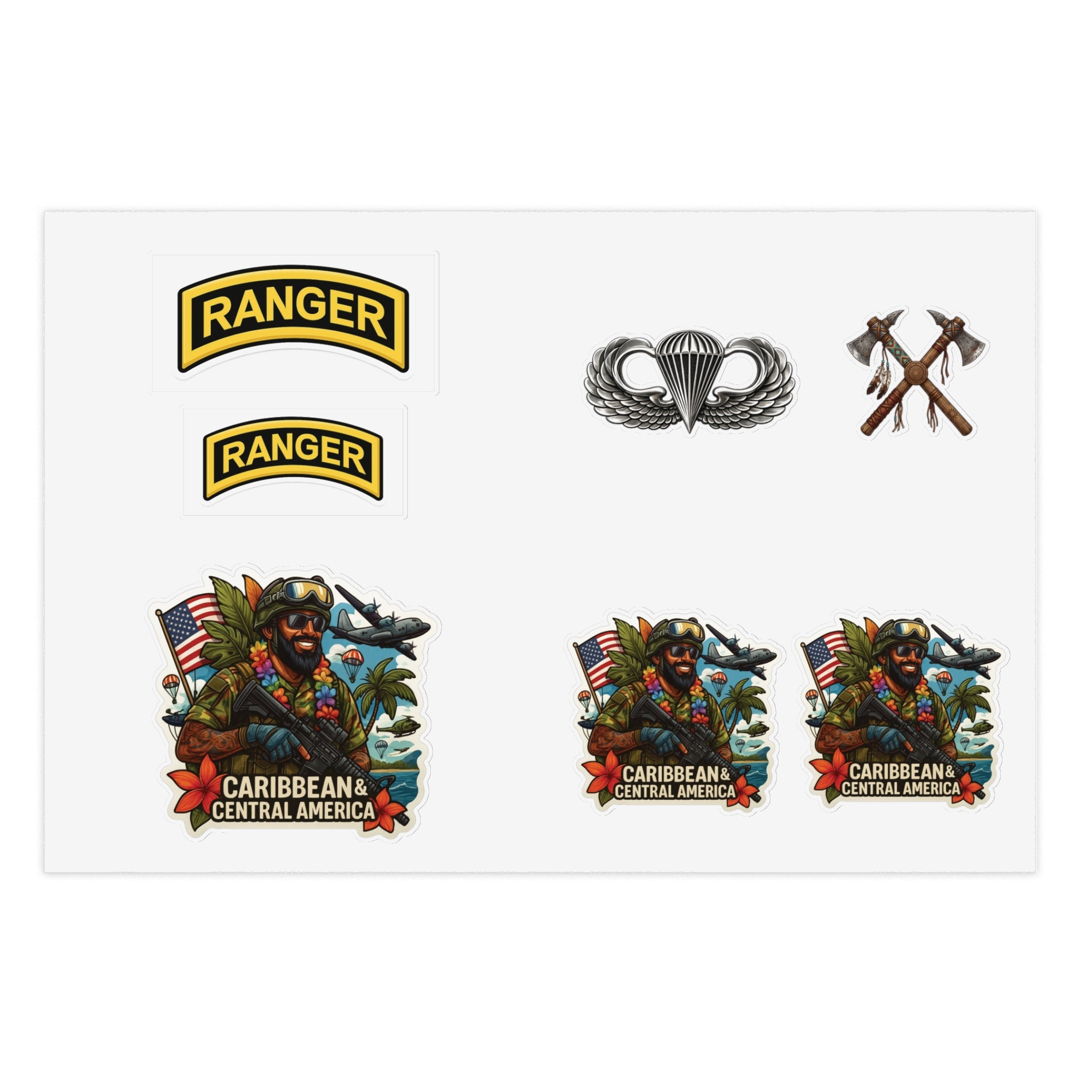 Military Ranger Sticker Sheet — Caribbean Central America Badges & Parachute Decal Set