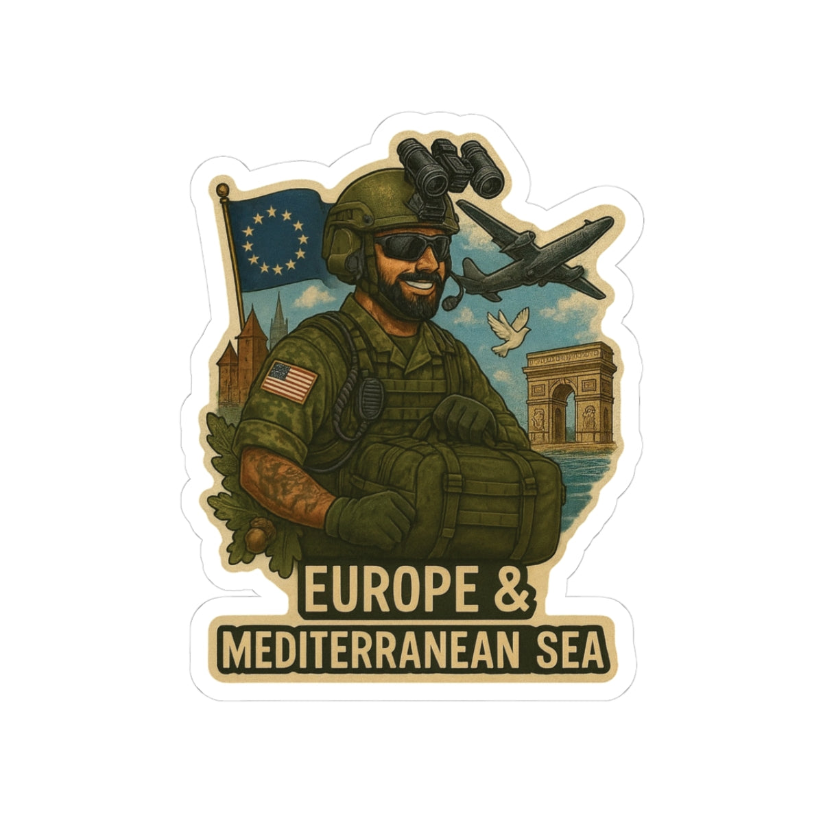 Europe & Mediterranean Sea Soldier Sticker | Military Helmet, Plane, Landmark Kiss-Cut