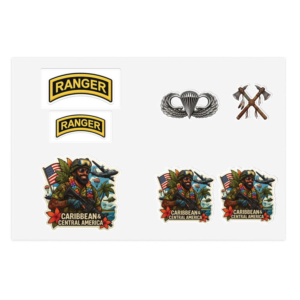 Military Ranger Sticker Sheet — Caribbean Central America Badges & Parachute Decal Set